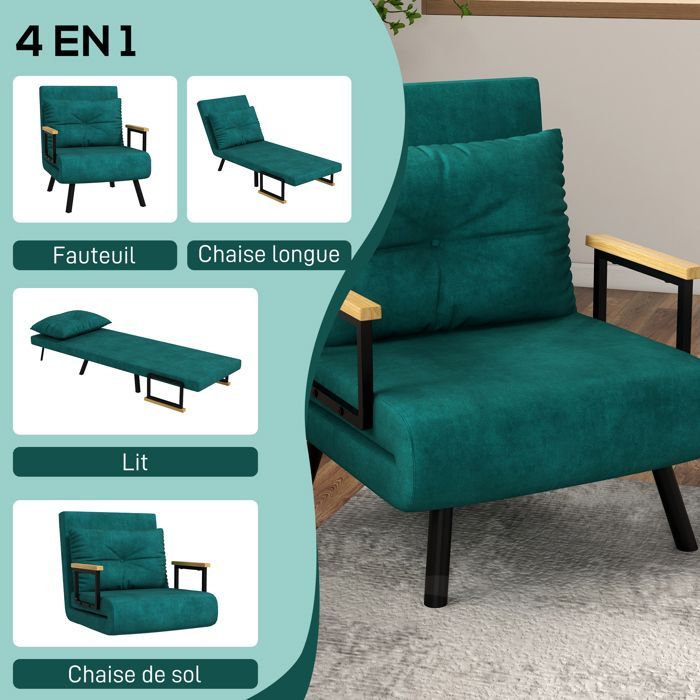Sillón convertible - 1 plaza - HOMCOM - Sillón/cama 3 en 1 - Respaldo ajustable, almohada - Terciopelo - 63x73x81cm - Verde