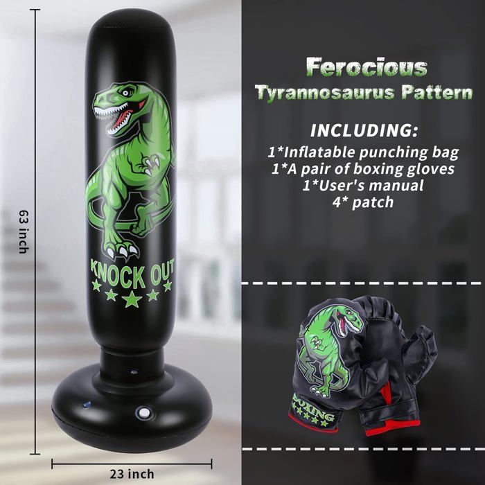 Dinosaur Punching Bag for Kids - 160cm Freestanding Boxing Bag with Boxing Gloves - Fierce Dinosaur Sports Toys