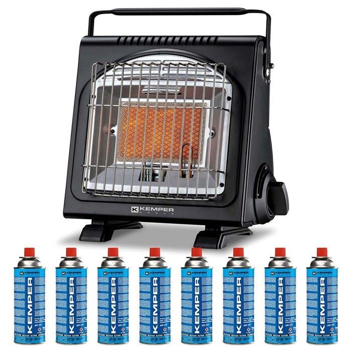 KEMPER 1700W Piezo Bærbar Gasvarmer med Integrerede Sikkerhedssystemer + 8 Butangaspatroner, 2,5 Timers Brændetid