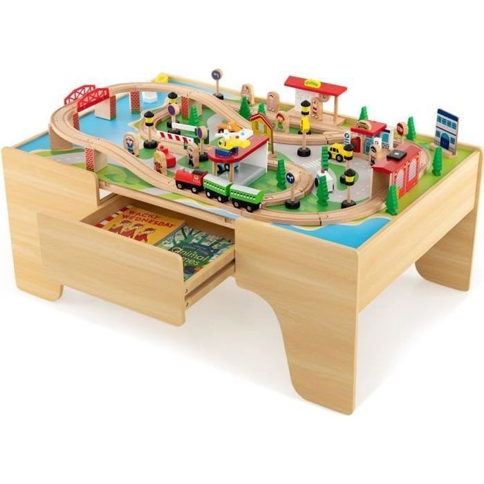 COSTWAY Circuit Voiture Enfant - 84 Accessoires avec Table, Plateau Réversible 2 en 1, Tiroir Coulissant, Train en Bois pour 3 Ans+