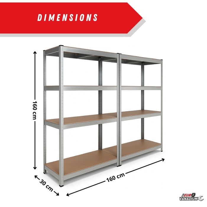 Heavy-duty double workbench shelf, 160 x 160 x 30 cm, Storage shelf - Grey - EURO VANADIUM - 640 kg capacity - 8 shelves