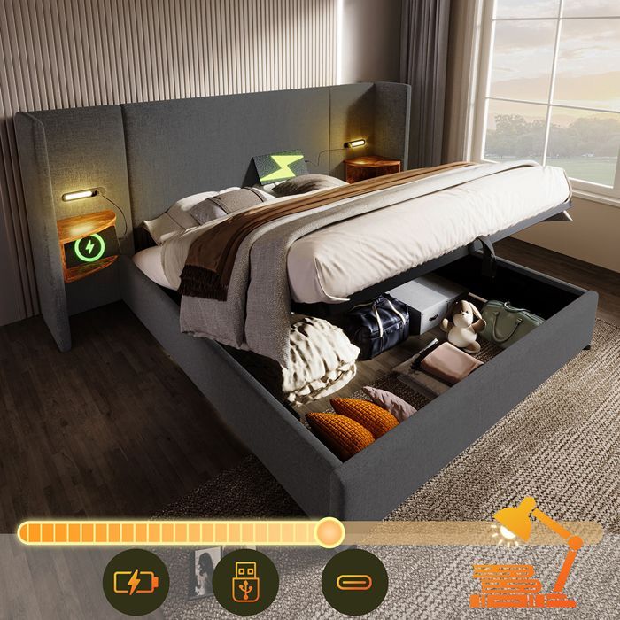 Lit rembourré double 180x200 cm avec dossier long, table de chevet, lampe de lecture, USB Type-C, coffre de rangement, lin, gris