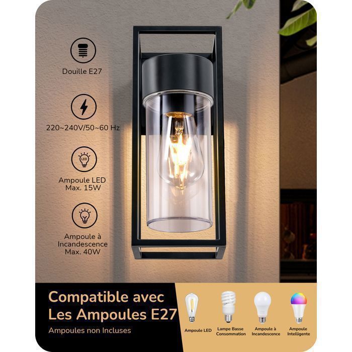 Aplique de pared EDISHINE para interior/exterior, negro, resistente al agua IP44, casquillo E27, bombilla no incluida, iluminación de pared para exteriores.