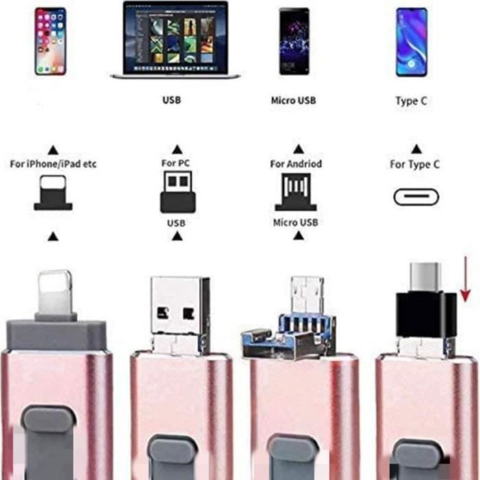 Pen drive USB 3.0 - Compatível com iPhone - 128 GB - Armazenamento - Android OTG - Sincronização com iOS