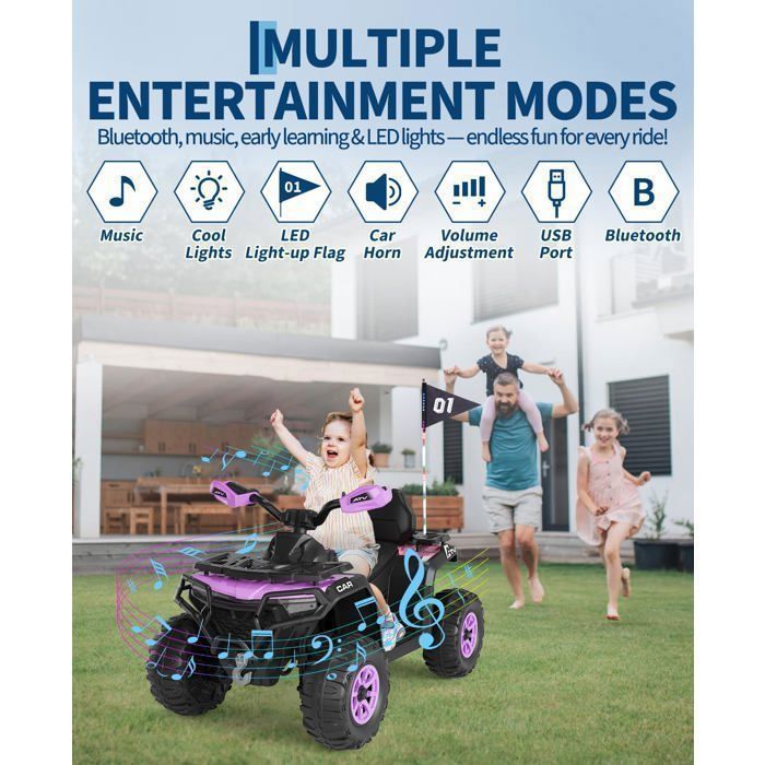 Coche eléctrico infantil de 12 V - 2 motores de 35 W, mando a distancia, luces LED, música, Bluetooth, USB, bandera luminosa, a partir de 3 años - Morado