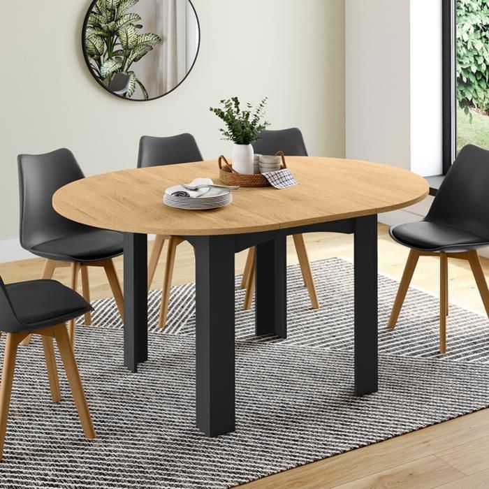 Uitschuifbare ronde eettafel - IDMARKET - DONA - Hout en zwart - 4-8 personen - 110-150 cm