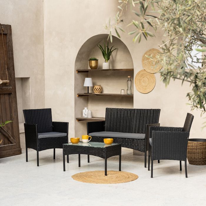 Conjunto de muebles de jardín CORDOUE de 4 plazas en resina tejida negra con cojines grises.