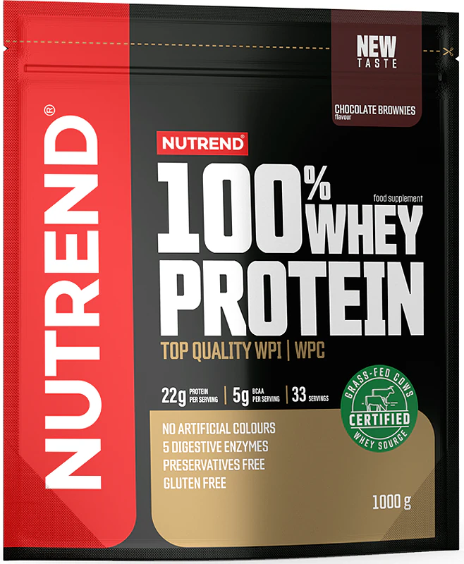 Suplemento alimentar Nutrend 100% Whey Protein, proteína de soro de leite em pó.