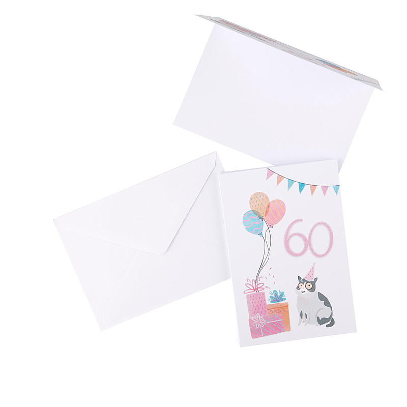Kort 60 år, katt med ballonger