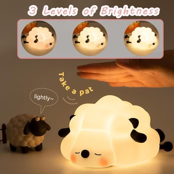 Lámpara de noche recargable para niños, lámpara de noche para bebés, lámpara de mesita de noche de silicona con forma de oveja y 3 niveles de luz, luz nocturna táctil.