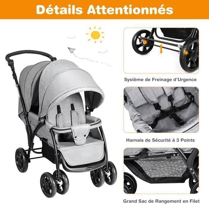 Cochecito doble plegable COSTWAY con capota ajustable, manillar, 4 ruedas con amortiguación, arnés de 5 puntos y capacidad de carga de 30 kg - Gris