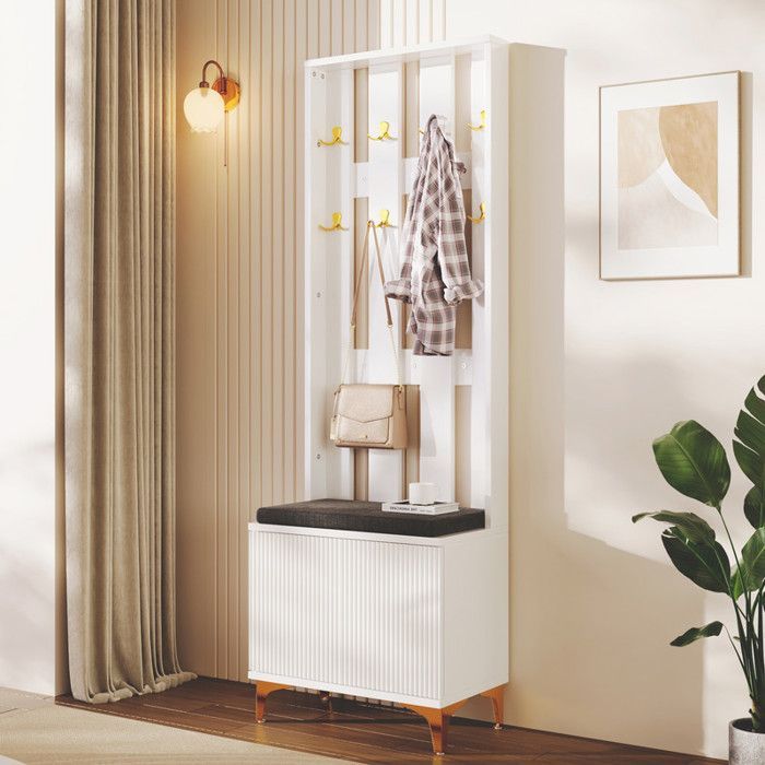 Entryway coat rack with shoe bench and cushion, Shoe cabinet with hooks, Entryway furniture in white, 60.5x35.2x180.5 cm