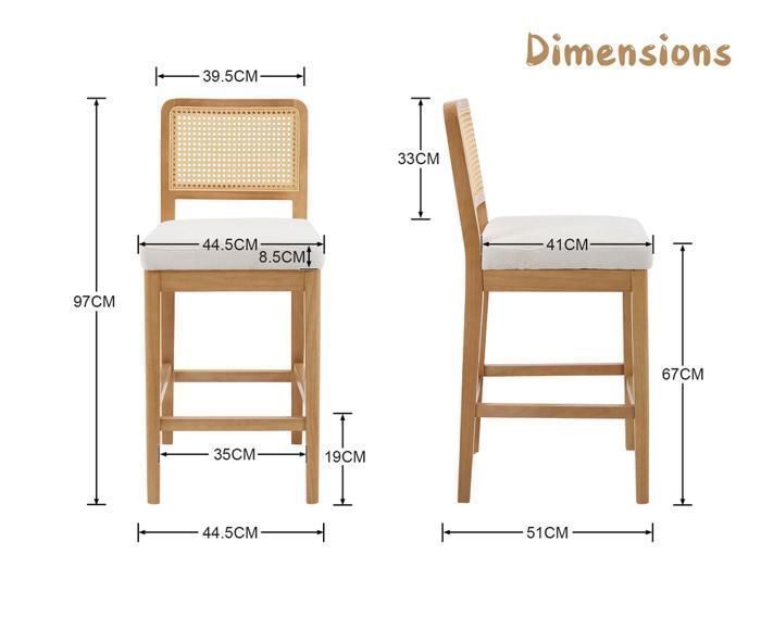 Set di 2 sgabelli da bar Chairus in legno, con schienale in rattan, sgabelli alti da bar per cucina, in ciniglia, bianchi