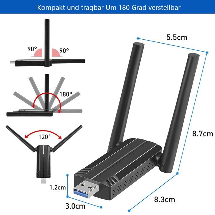 USB-WLAN-Adapter für PC, USB 3.0 WLAN-Adapter 1800 Mbit/s PC Dualband 2,4 GHz/5,8 GHz Internet-Dongle mit 2 x 5 dBi Antennen