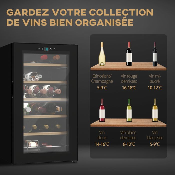 Vinoteca para 24 botellas - HOMCOM - Frigorífico silencioso de 65 L, 5-20 °C, pantalla táctil LED, 41 dB - Metal y plástico - Negro