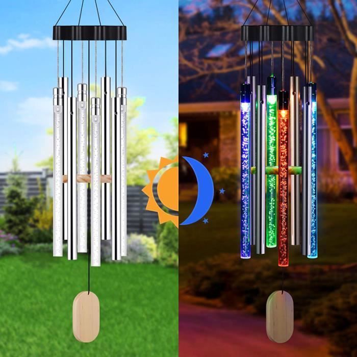 Carillon a vento musicale solare impermeabile, con tubo in alluminio e colonna a bolle, lampada a colori variabili.