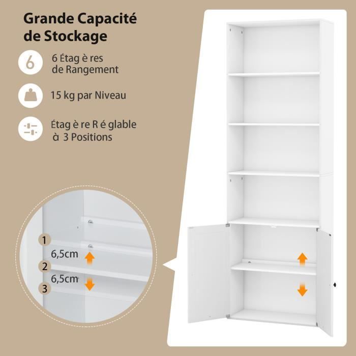 COSTWAY 180 CM Bibliothèque 4 Niveaux avec Armoire à 2 Portes, Meuble Étagère de rangement avec Dispositif Anti-basculement, Blanc