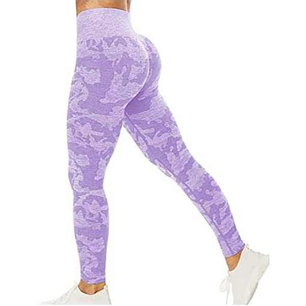 Leggings de sport sans coutures camouflage pour femme, taille haute, gainants, pour le yoga et la gym, couleur violet clair, taille L.