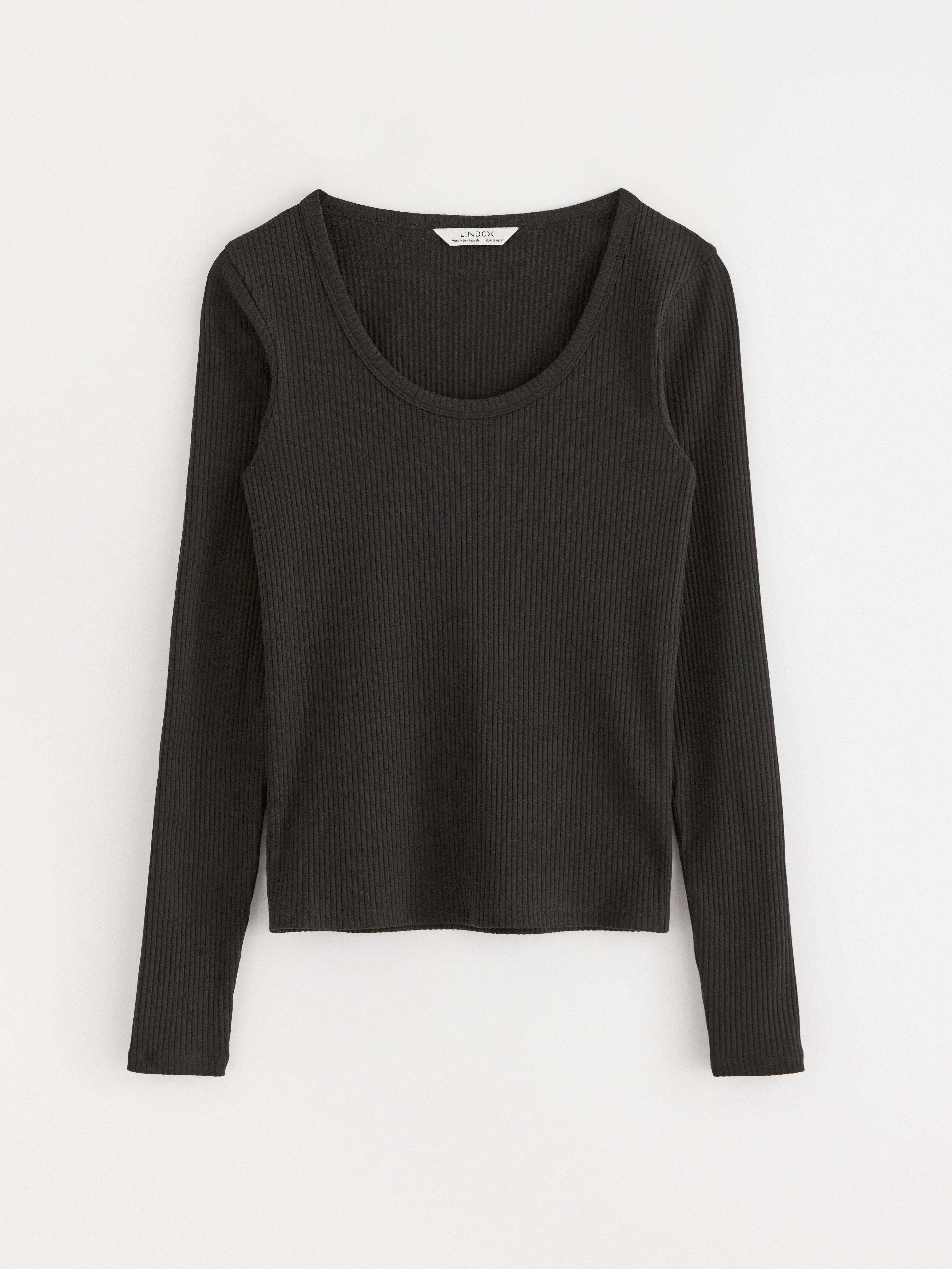 Ribbad långärmad topp Black