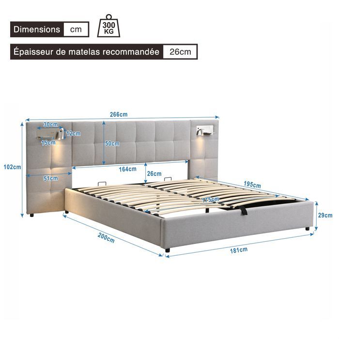 Cama de 180x200 con base de láminas y puerto USB, cama king size para 2 personas con almacenamiento, lámpara de lectura, cabecero largo, respaldo alto, lino, gris.