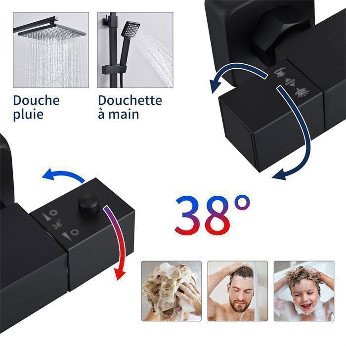 Coluna de chuveiro termostática, conjunto de chuveiro, corpo em latão, altura ajustável, sistema de chuveiro preto