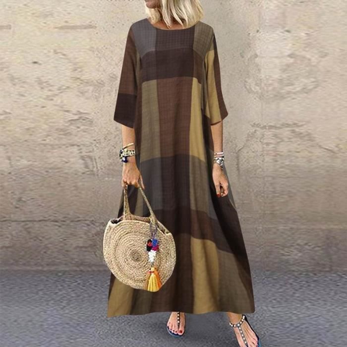 Robe Décontractée À Manches Longues Pour Femmes À Carreaux Vintage Parti Longues Marron