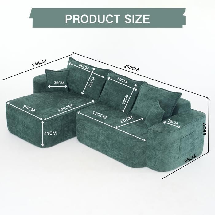 Canapé d'angle en L « Cloud Couch » avec méridienne, assise profonde XXL, livré monté, canapé modulable en chenille verte pour salon