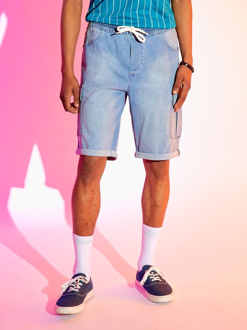 Denim bermudashorts met cargozakken - Blauw