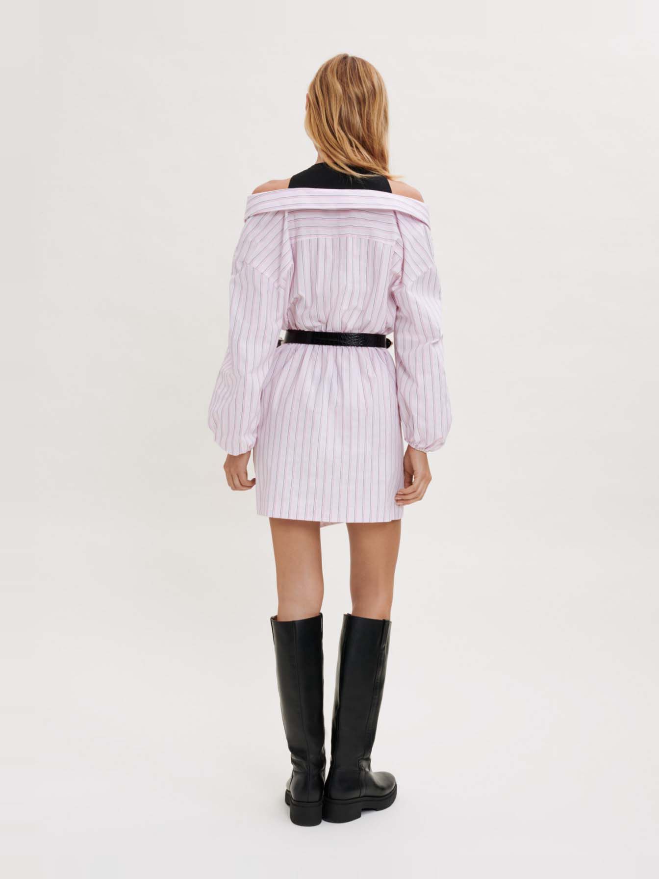 Gestreepte trompe l'oeil jurk - roze bonbon