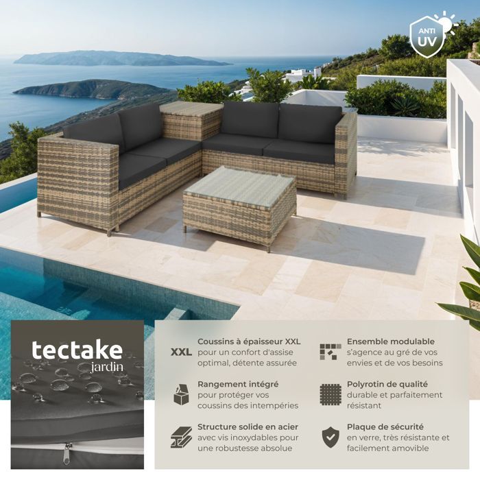 Gartenmöbel - TECTAKE - SIENNA 4-Sitzer-Lounge-Set mit 1 Tisch und 1 Aufbewahrungstruhe - Natur/Dunkelgrau