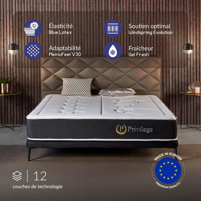 Matelas 180x200 cm - Privilège - Matelas Ressorts Ensachés,Mousse mémoire de forme HR + Blue Latex,Mi-ferme,épais 26 cm