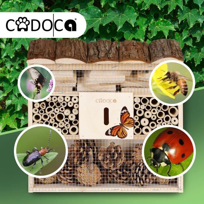 CADOCA® Hotel para insectos de madera natural de 30,5 x 31 cm. Casita/caja nido para abejas para invernar, polinizar y fomentar la biodiversidad.