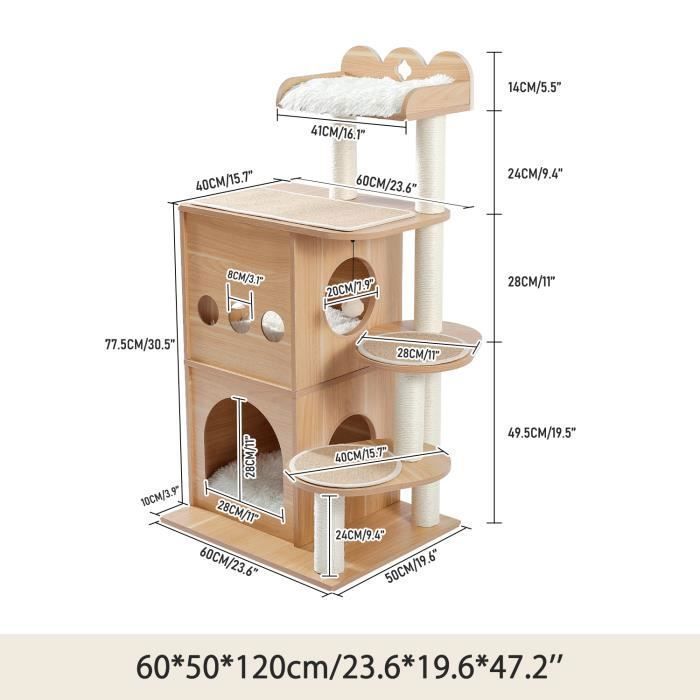 PAWZ Road Arbre a Chat en Bois Deluxe, Arbre à Chat Design Moderne, Poteau à griffer, Grand Plateforme, Grand Niche nid 120cm Beige
