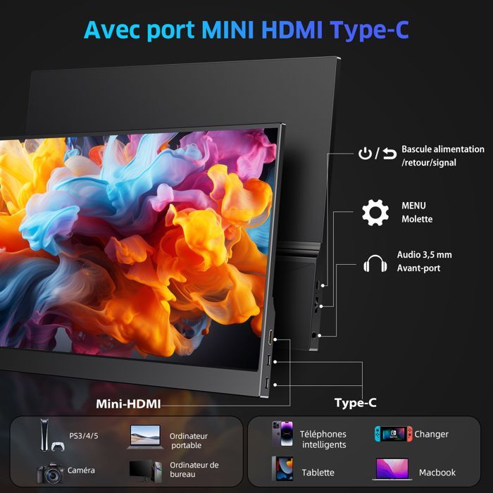 Monitor portatile UPERFECT da 15,6 pollici FHD Full HD IPS, 60Hz, rapporto di contrasto 1200:1, compatibile VESA.
