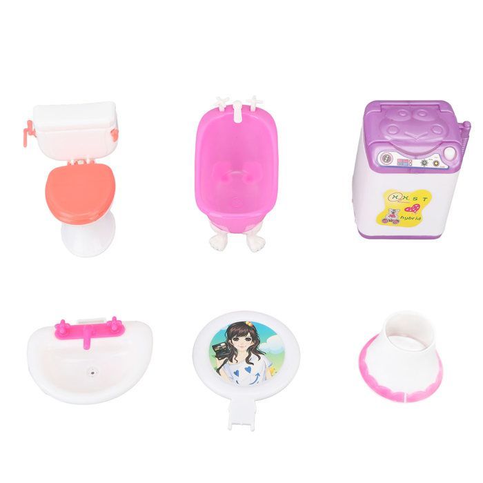 Dollhouse bathroom set, miniature toilet simulation, sink, bathtub, mirror, washing machine.