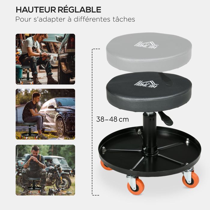 Taburete de mecánico - HOMCOM - asiento giratorio - altura regulable de 38 a 48 cm - plataforma de 100 kg - tapicería sintética - negro