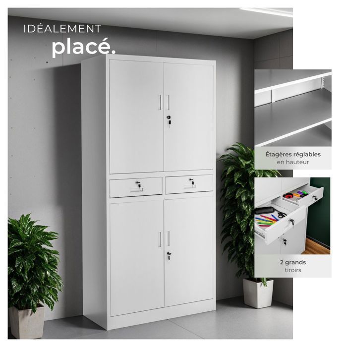 Office storage - TECTAKE - COSMO lockable metal filing cabinet with 2 drawers - 40 x 80 x 180 cm - Light Grey