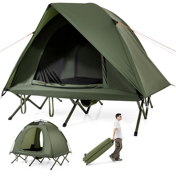 Tienda de campaña plegable para 2 personas COSTWAY con cama elevada, bolsa de transporte con ruedas, 2 puertas de malla y techo.