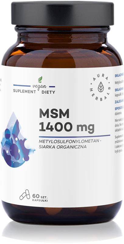 Cápsulas de suplemento alimentar Aura Herbals MSM 1400 mg para auxiliar na saúde musculoesquelética.