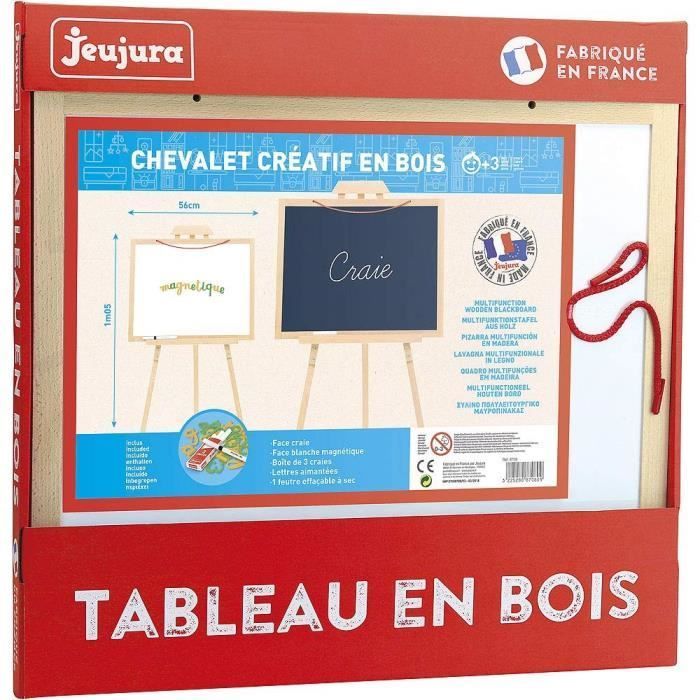 JEUJURA Wooden Creative Easel - Reversible and Hanging Chalkboard - Magnetic Letters and Accessories Included