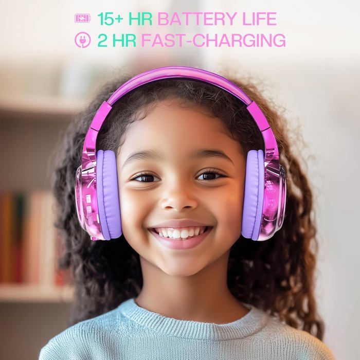 Auriculares inalámbricos infantiles, metálicos, Bluetooth 5.3, micrófono incorporado, plegables, para niñas, niños, adolescentes, iPad, PC, tablet (morado)