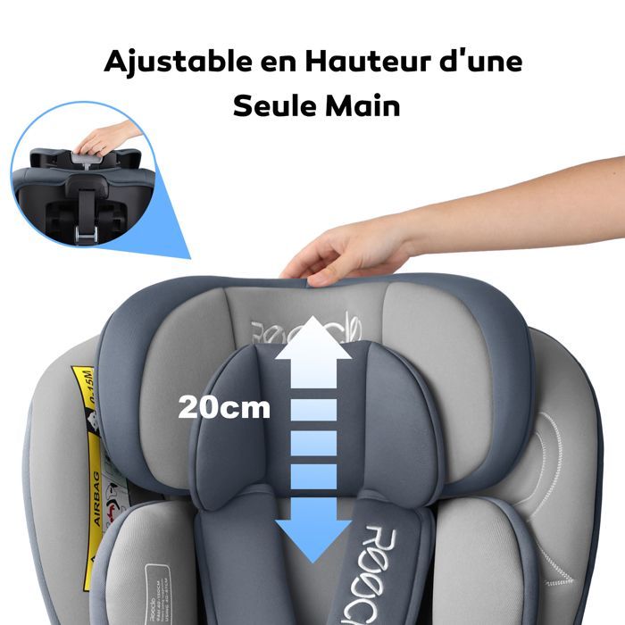 Reecle I-Size Siège Auto 360° Pivotant ISOFIX 40-150 cm, de la naissance à 12 ans (0-36 kg), ECE R129, Gris