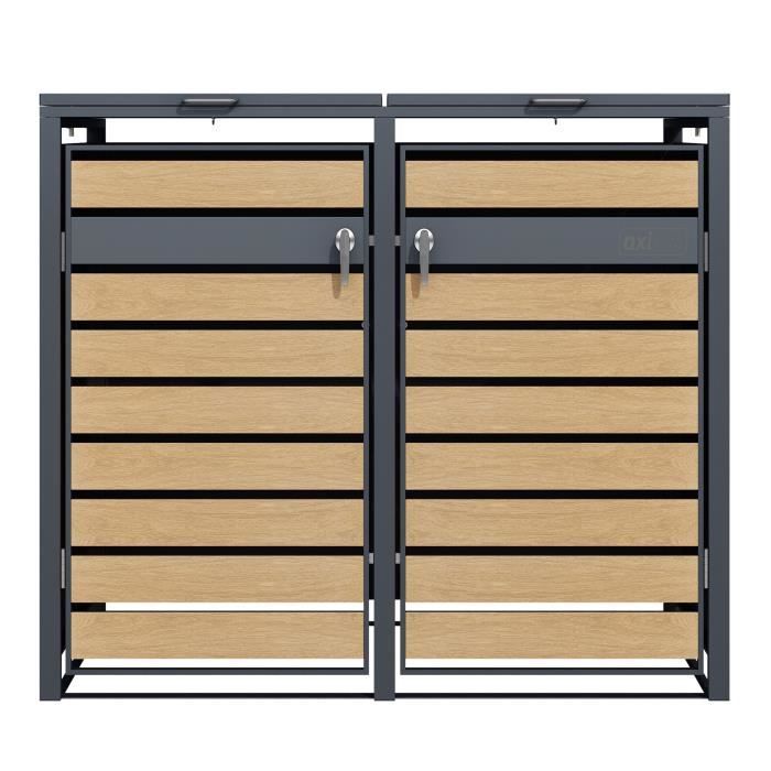 Cache Poubelle Métallique Anthracite/Aspect Bois - AXI Lucas - Abri pour 2 conteneurs - Max. 240L