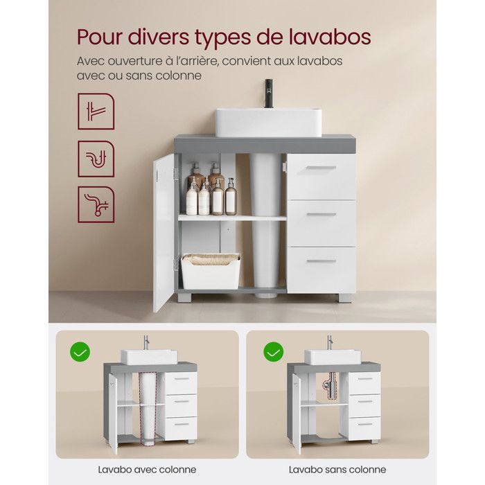 Vanity Unit - VASAGLE - 3 Side Drawers - 2 Compartments - White and Grey