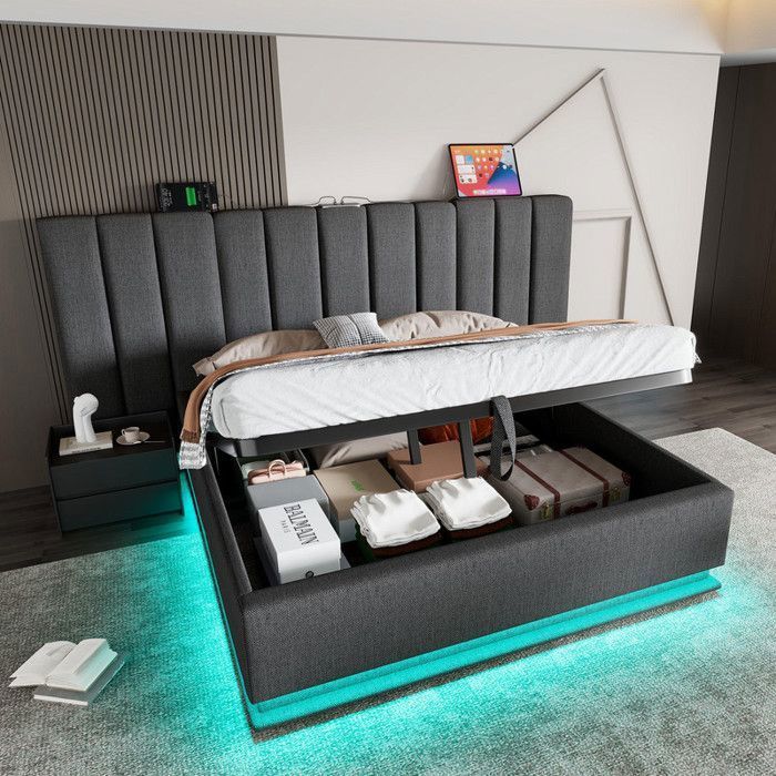 Verhoiltu sänky, säilytyssänky, 180×200 cm säilytyssänky sovellusohjattavalla LED-valolla ja USB-C-latauksella, sälepohja – Harmaa