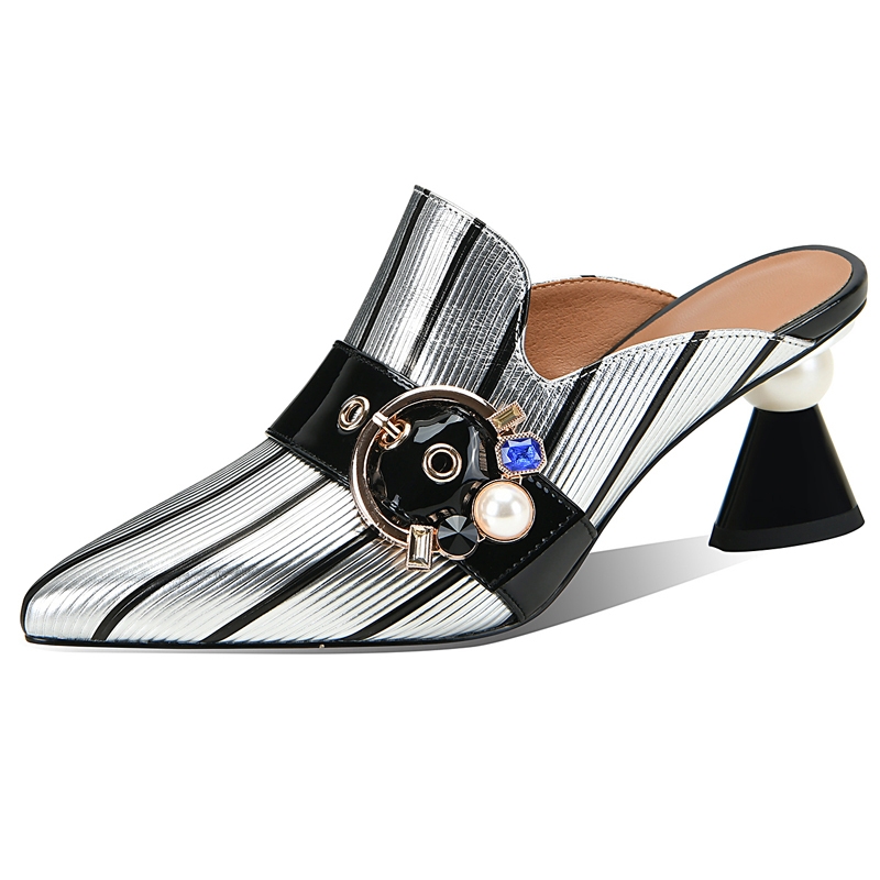 Sandales à talons hauts en cuir véritable argenté et strass pour femmes, chaussures de soirée d'été, sandales femmes, sandalias mujer