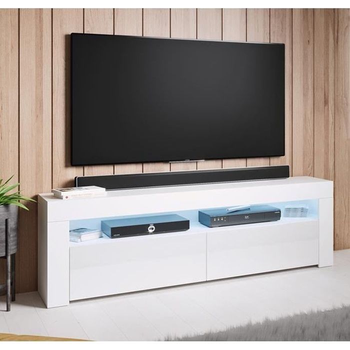 Tv-meubel voor de woonkamer met ledverlichting | Glanzend wit | 2 deuren met 2 vakken | 140 x 50,5 x 35 cm | Model Aker