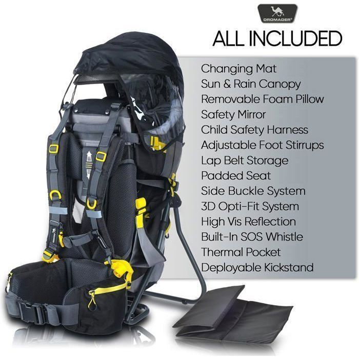 Portabebés DRAMADER para senderismo - Cómodo hasta 22 kg - Mochila con bolsillo isotérmico, funda para el sol y la lluvia - Negro y amarillo