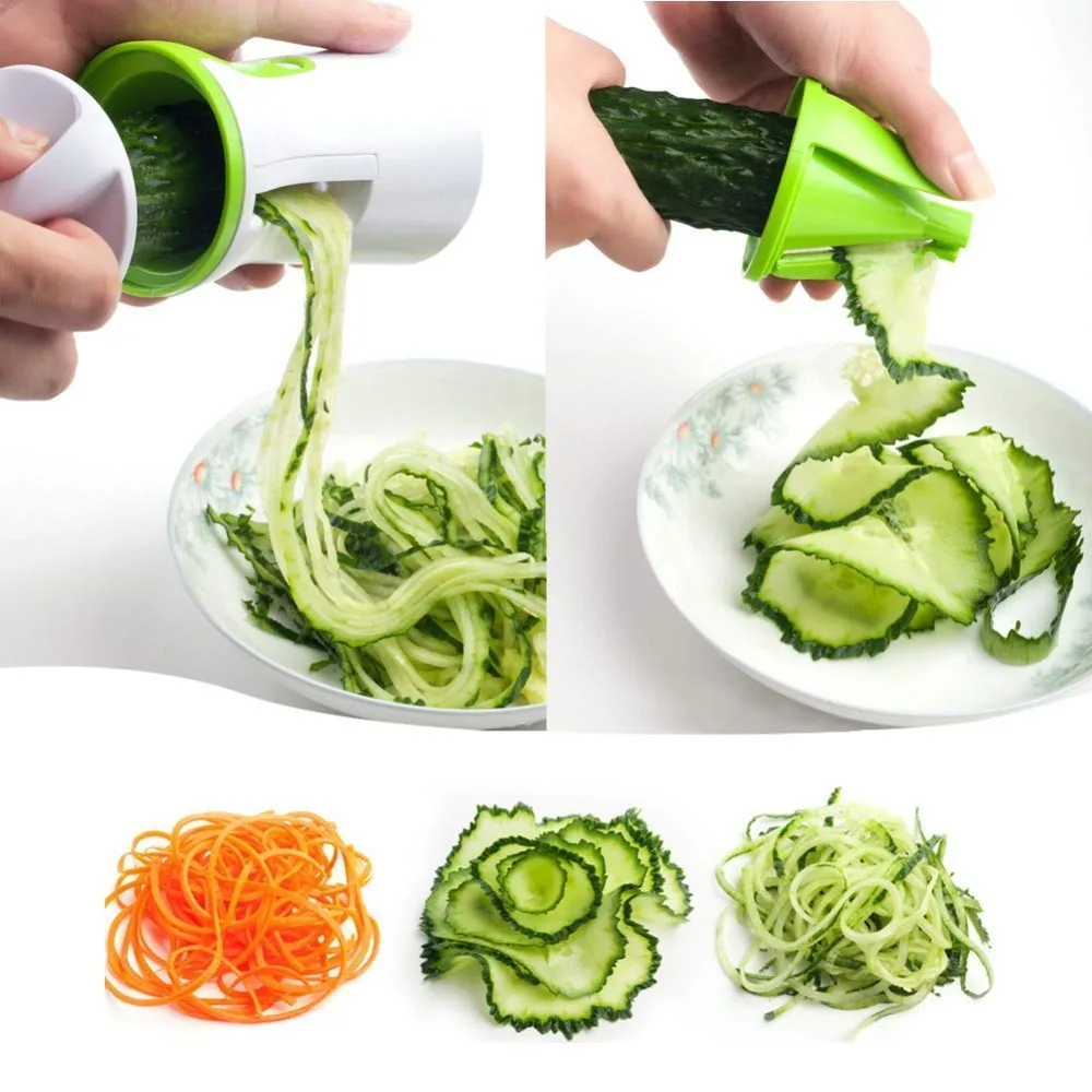 Coupe-légumes spiraliseur portatif 3 en 1, trancheuse à spirales pour carottes, courgettes et spaghettis. Idéal pour la cuisine.
