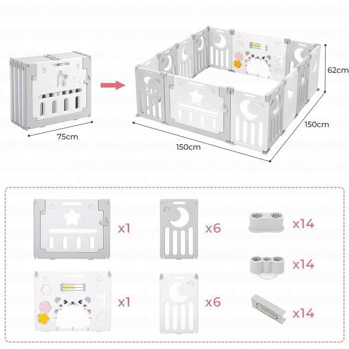 Foldable Baby Playpen with 14 Panels, 150×150 cm, Modular Plastic Baby Playpen, Baby Playpen with Door and Activity Panel